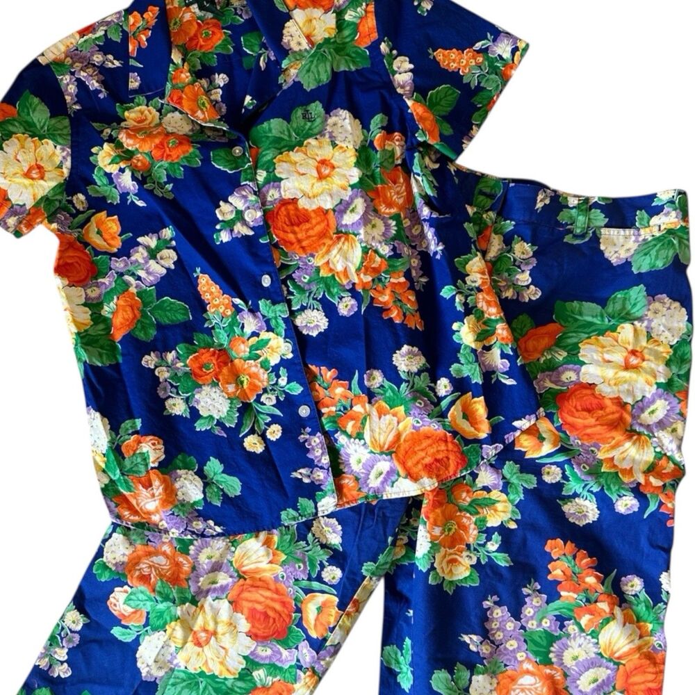 Lauren Ralph Lauren Capri Pants Shirt Set Floral Blue Orange Summer VTG 90s Lg